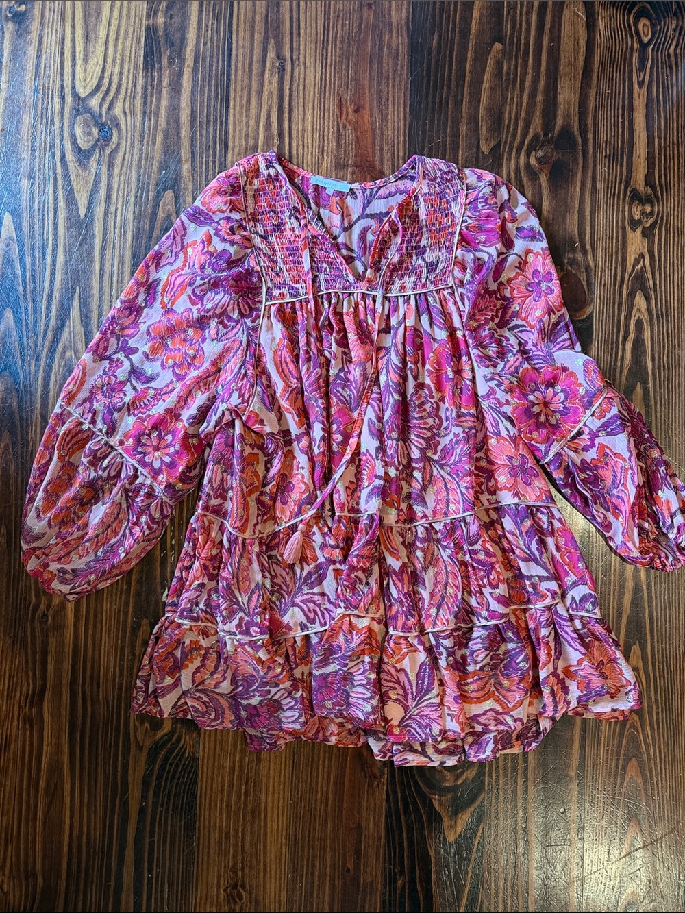 Olivaceous Pink & Purple Floral Tiered Peasant Dress